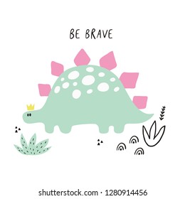 Cute vector print with pink dinosaur for baby girl. Cartoon hand drawn illustration witn pastel color dino. 