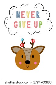 Cute vector print in scandinavian hand drawn style. Cartoon animal with inspirational quote. Doodle vector illustration for posters, baby birthday, cards, t-shirts. Colorful nordic kids print.