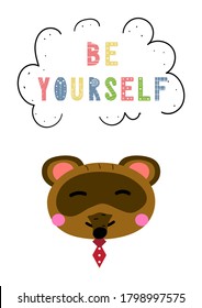Cute vector print in scandinavian hand drawn style. Cartoon animal with inspirational quote. Doodle vector illustration for posters, baby birthday, cards, t-shirts. Colorful nordic kids print.