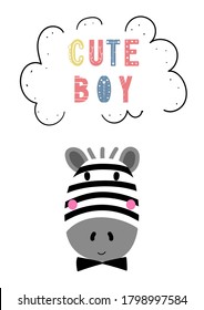 Cute vector print in scandinavian hand drawn style. Cartoon animal with inspirational quote. Doodle vector illustration for posters, baby birthday, cards, t-shirts. Colorful nordic kids print.