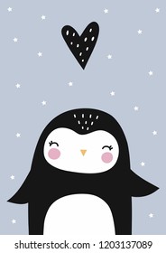 Cute vector print in scandinavian style.
Hand drawn vector illustration for posters, cards, t-shirts. Cute penguin vector illustration