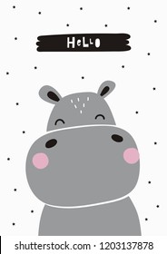 Cute vector print in scandinavian style.
Hand drawn vector illustration for posters, cards, t-shirts. Cute Hippo vector illustration