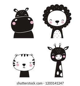 Cute vector print in scandinavian style.
Hand drawn vector illustration for posters, cards, t-shirts. Monochrome hippo, lion, tiger, giraffe