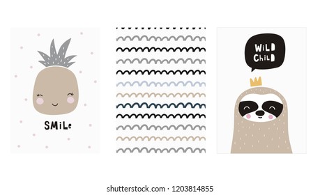 Cute vector print in scandinavian style.
Hand drawn vector illustration for posters, cards, t-shirts. Cute sloth vector illustration
