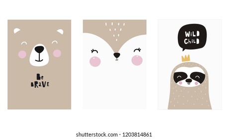 Cute vector print in scandinavian style.
Hand drawn vector illustration for posters, cards, t-shirts. Cute sloth, bear, fox vector illustration