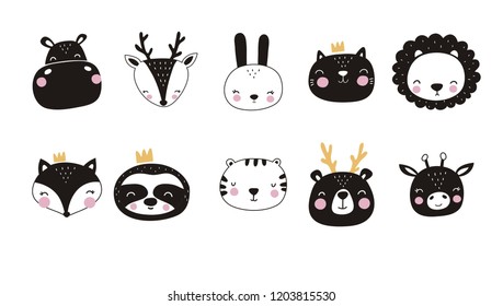 Cute vector print in scandinavian style.
Hand drawn vector illustration for posters, cards, t-shirts. Monochrome sloth, hippo, fox, penguin, deer, tiger, bunny, panda, giraffe, bear