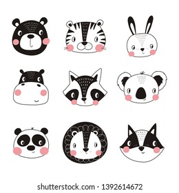 Cute vector print in scandinavian style.
Hand drawn vector illustration for posters, cards, t-shirts. Monochrome sloth, hippo, fox, penguin, deer, tiger, bunny, panda, giraffe, bear