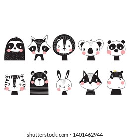 Cute vector print in scandinavian style.
Hand drawn vector illustration for posters, cards, t-shirts. Monochrome sloth, hippo, fox, penguin, deer, tiger, bunny, panda, giraffe, bear