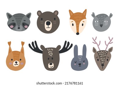 Cute vector print in Scandinavian style. Hand-drawn vector illustration for posters, postcards, T-shirts. Raccoon, bear, fox, owl, squirrel, moose, rabbit, deer.