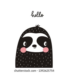 
Cute vector print with sloth in scandinavian style. Hand drawn vector illustration for posters, cards, t-shirts. Monochrome  sloth