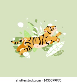 Cute vector print with tiger in a jump. Small tiger in exotic leaves illustration. Card with trendy drawing animal from jungle. Fat big funny cat. Children fabric pattern.