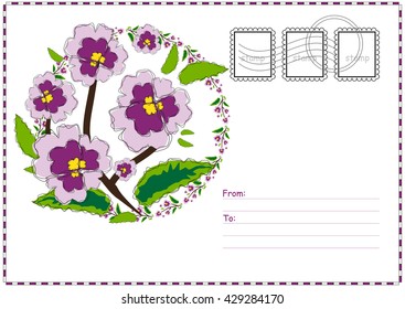 Cute vector printable postcard. Air mail card with flower illustration, place for Your text, address and post stamps. Stationery template paper, white background