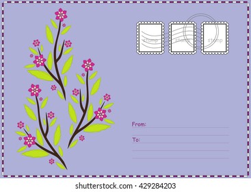 Cute vector printable postcard. Air mail card with flower illustration, place for Your text, address and post stamps. Stationery template paper, deep blue background