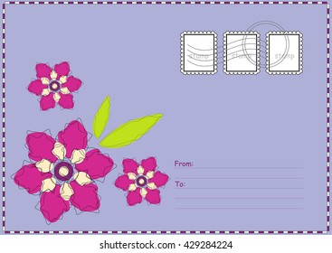 Cute vector printable postcard. Air mail card with flower illustration, place for Your text, address and post stamps. Stationery template paper, deep blue background