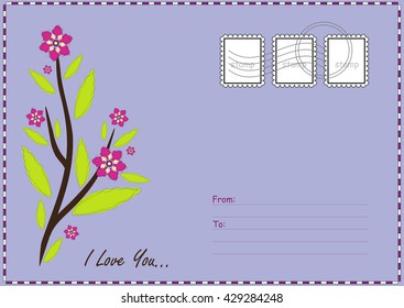 Cute vector printable postcard. Air mail card with flower illustration, place for Your text, address and post stamps. Stationery template paper, deep blue background