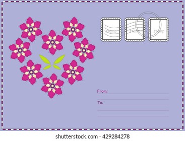 Cute vector printable postcard. Air mail card with flower illustration, place for Your text, address and post stamps. Stationery template paper, deep blue background