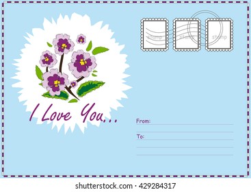 Cute vector printable postcard. Air mail card with flower illustration, place for Your text, address and post stamps. Stationery template paper, blue background