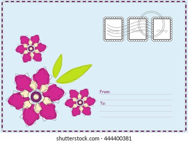 Cute vector printable postcard. Air mail card with flower illustration, place for Your text, address and post stamps. Stationery template paper, blue background