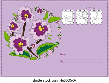 Cute vector printable postcard. Air mail card with flower illustration, place for Your text, address and post stamps. Stationery template paper, lilac background