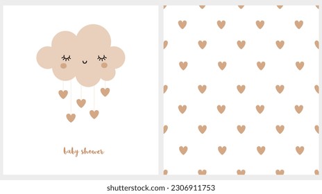 Cute Vector Prints. Sweet Smiling Cloud with Dropping Hearts. Lovely Baby Shower Card. Gender Neutral. Seamless Vector Pattern with Rain of Hearts on a White Background. Baby Shower Party Invitation.