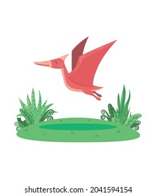 Cute vector pterodactyl on the grass isolated on a white background. Colorful cartoon illustration funny dinosaur prehistoric animal of the Jurassic period. 