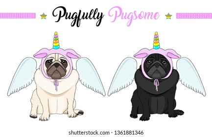 cute vector pug puppy dog sitting down, wearing pink bonnet with unicorn horn with rainbow colors and angel wings