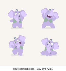 Cute vector purple elephant. Child character with different emotions. Smiling, supportive, happy, calm