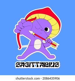 Cute vector purple mushroom as a sagittarius zodiac sign. Fungi sticker illustration with face as an astrology symbol. Bright colors, childish drawing.