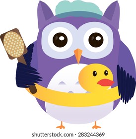 Cute vector purple owl with brush and rubber duck is preparing to wash.