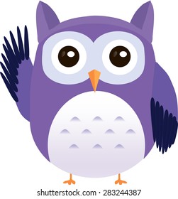 Cute vector purple owl greeting waving wing.
