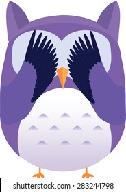 Cute vector purple owl hiding with its wings.