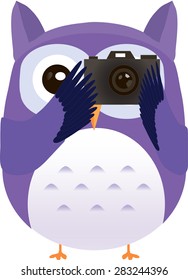 Cute vector purple owl makes photo with camera.