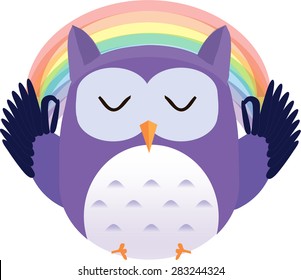 Cute vector purple owl relax in lotus position with rainbow on background.