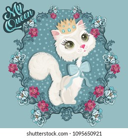 A cute vector Queen cat surrounded by flowers can be used for birthday invitations, posters.....