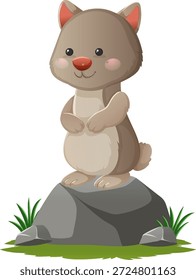 Nette Vektorquokka-Illustration mit weichen Farben, aufrecht auf einem Felsen stehend, Cartoon-Stil