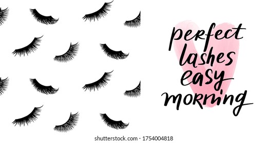 Cute Vector quote about lashes, makeup and seamless pattern with closed long black eyelashes. Fashion set with Calligraphy phrase and stylish background for beauty salon, decorative cards, blogs.