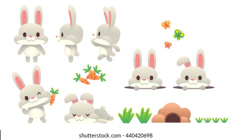 Cute Vector Rabbit Action set with carrot and some objects isolated on White Background