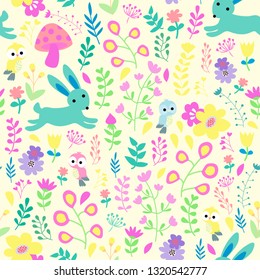 cute vector rabbit and bird seamless pattern