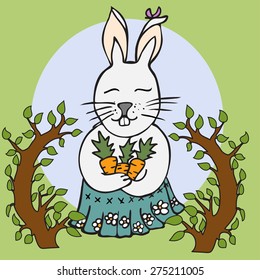 Cute vector rabbit. Cartoon rabbit, hare, bunny with carrot. 