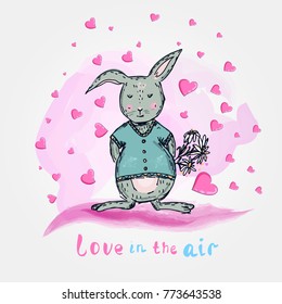cute vector rabbit with flowers and hearts.Cartoon illustration. Sketch style