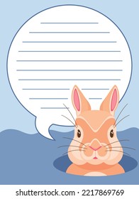 Cute vector rabbit peeking out of a burrow with a template in the cloud. Blue background, beige rabbit. Template with lines for the record. For notebooks and stickers and congratulations