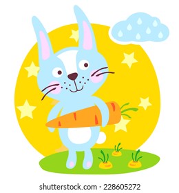 Cute vector rabbit. Wild animal. Cartoon rabbit, hare, bunny with carrot