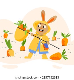 Cute vector rabbit in yellow coat with carrots. Bunny character flat style illustration. The year of the rabbit, symbol of 2023