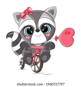 Cute vector raccoon on a bike. Funny raccoon isolated on white background perfect for png. Children's illustration on a white background is made in a cartoon style.