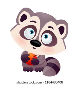 cute vector raccoon with red apple in its paws with a surprised expression on its muzzle, isolated on white background, letter R of the English alphabet abc, eps 10, print for t-shirt