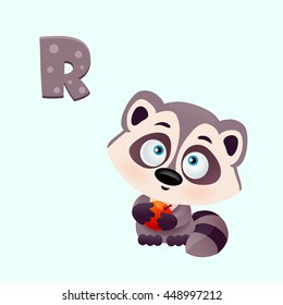 cute vector raccoon with red apple in its paws with a surprised expression on its muzzle, isolated on white background, letter R of the English alphabet abc for kids, eps 10, print for t-shirt