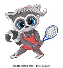 Cute vector raccoon who plays tennis. A funny animal with a tennis racket who is engaged in active sports in his free time, a child's illustration of an athlete's raccoon.