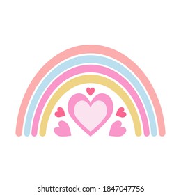 Arcoiris vector lindo. Colores de unicornio arcoiris de dibujos animados. Para los textiles infantiles, decoración, postales, álbumes, carteles. Dibujado en un estilo plano. Corazones, amor, Día de San Valentín, romance