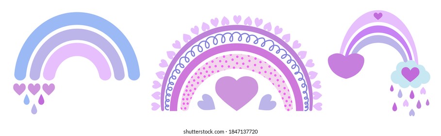 Cute vector rainbow. Cartoon rainbow unicorn colors. For children's textiles, decor, postcards, albums, posters. Drawn in a flat style. Hearts, love, Valentine's Day, romance