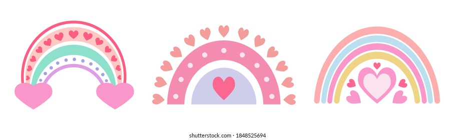 Cute vector rainbow. Cartoon rainbow unicorn colors. For children's textiles, decor, postcards, albums, posters. Drawn in a flat style. Hearts, love, Valentine's Day, romance